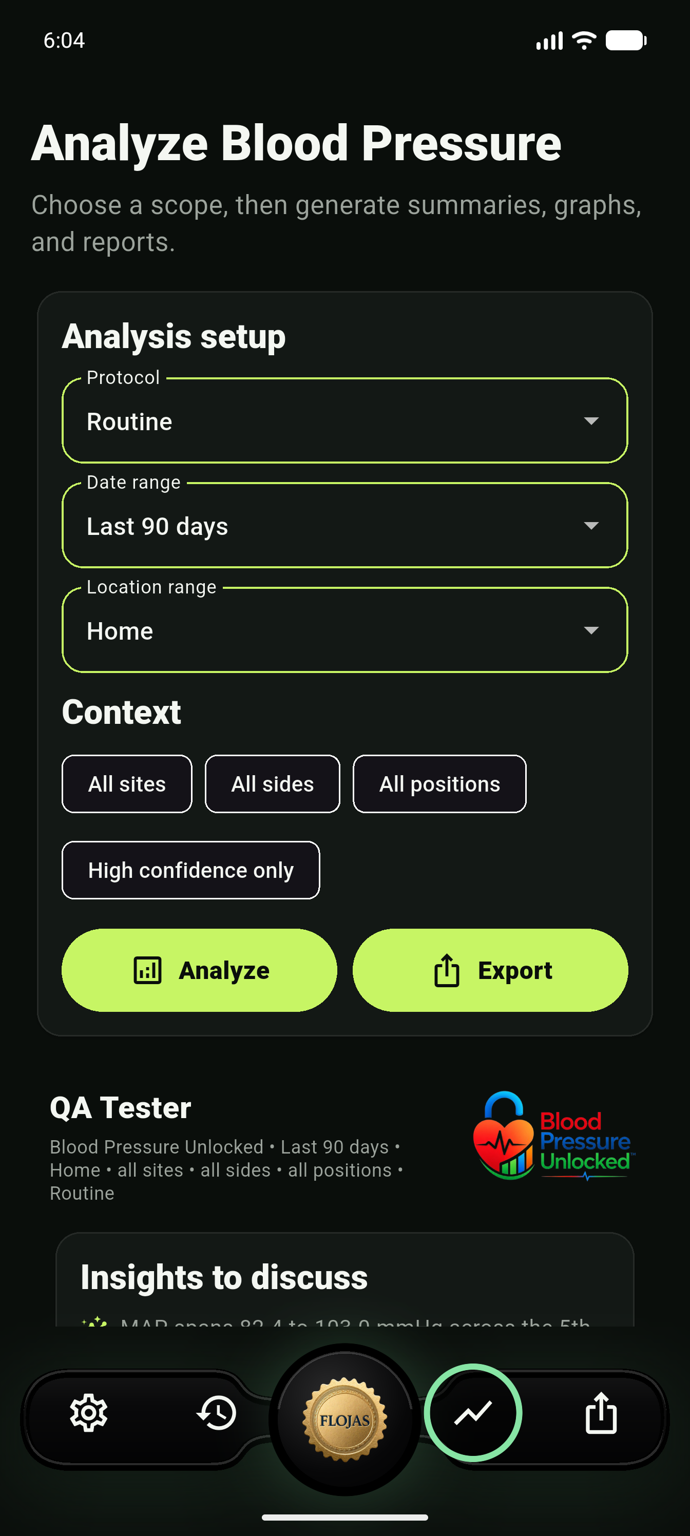 Analyze setup screen