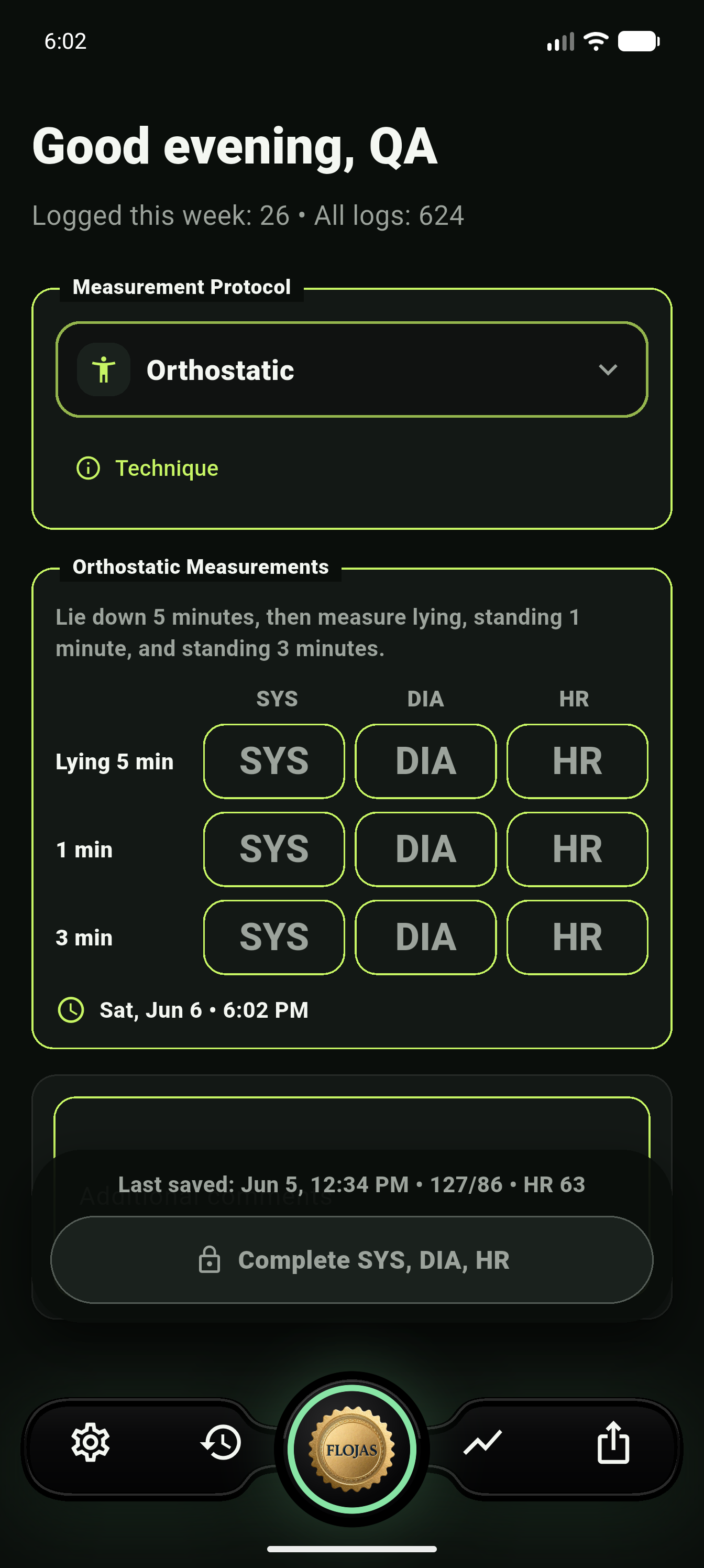 Orthostatic protocol entry