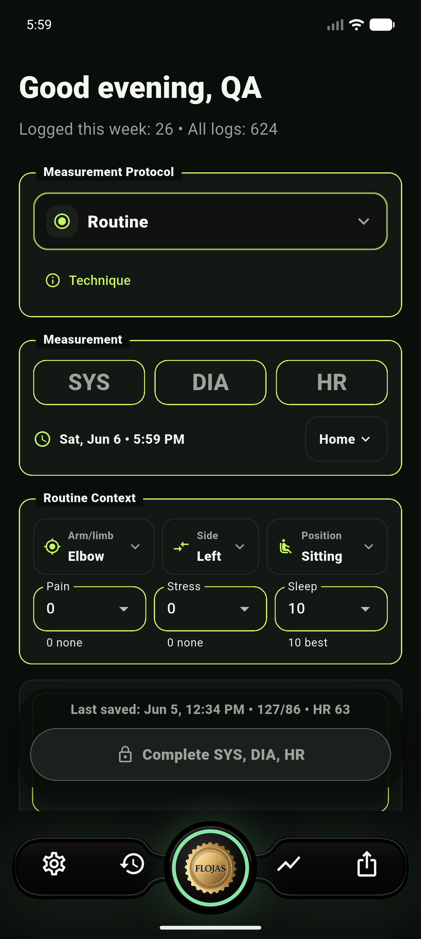 Blood pressure entry screen