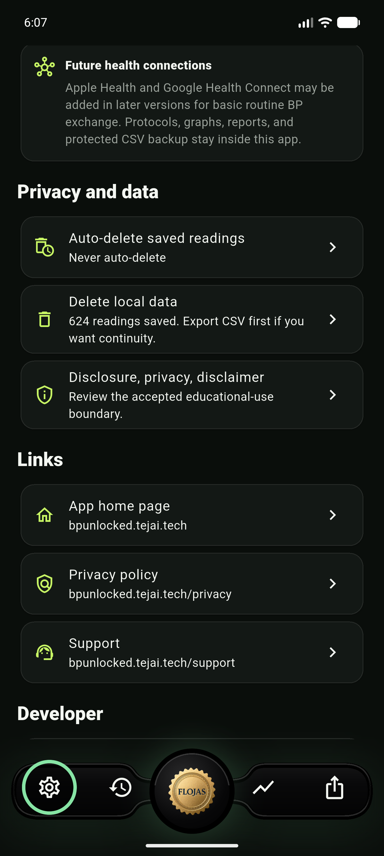 Settings and support contact